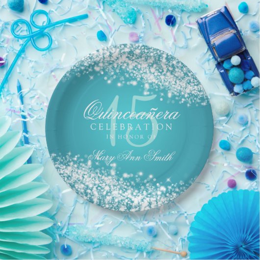 Quinceanera Party-funkelnder Wellen-Türkis Pappteller (Party)