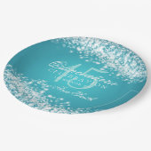 Quinceanera Party-funkelnder Wellen-Türkis Pappteller (Schrägansicht)