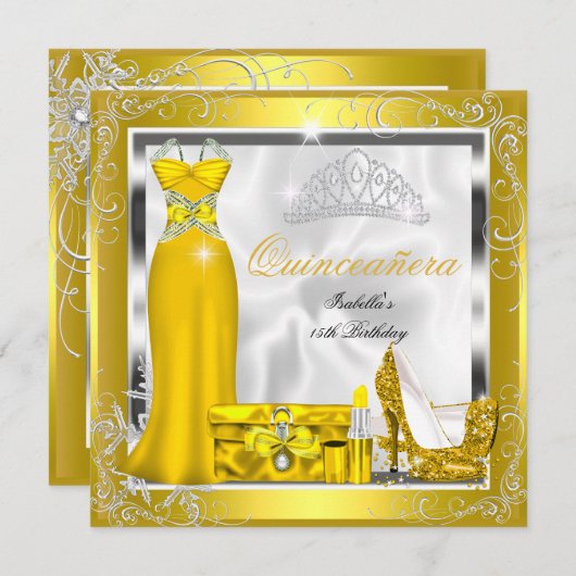 Quinceanera Party Gelbes Gold Silberkleid S5 Einladung (Vorne/Hinten)