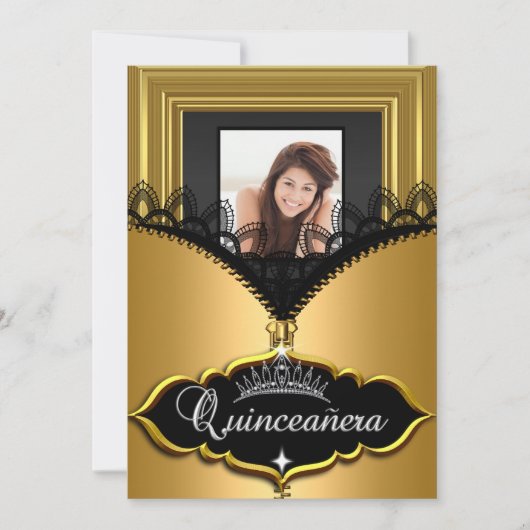 Quinceanera Party Gold Black Lace Girl Foto Einladung (Vorderseite)