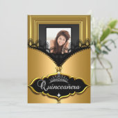 Quinceanera Party Gold Black Lace Girl Foto Einladung (Stehend Vorderseite)