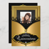Quinceanera Party Gold Black Lace Girl Foto Einladung (Vorne/Hinten)