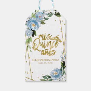 Quinceanera Party Gold Foil Dusty Blue Floral Fav Geschenkanhänger