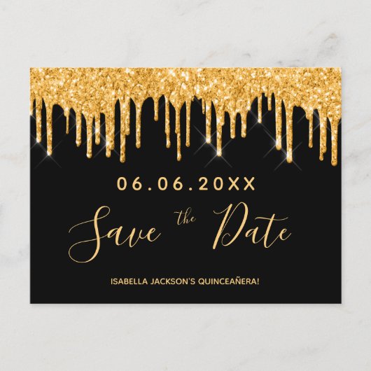 Quinceanera Party Gold Glitzer Save the Date schwa Postkarte (Vorderseite)
