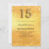 Quinceanera Party Gold Glitzer Tropfen Glattleder Einladung (Vorderseite)
