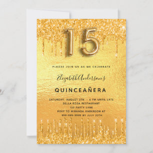 Quinceanera Party Gold Glitzer Tropfen Glattleder Einladung