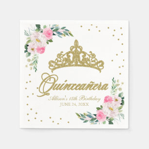 Quinceanera-Party Gold-Tiara Hot Pink Floral Serviette