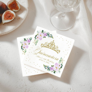 Quinceanera-Party Gold-Tiara Lila Flieder Blumen Serviette