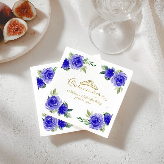 Quinceanera Party Gold Tiara Royal Blue Floral Serviette