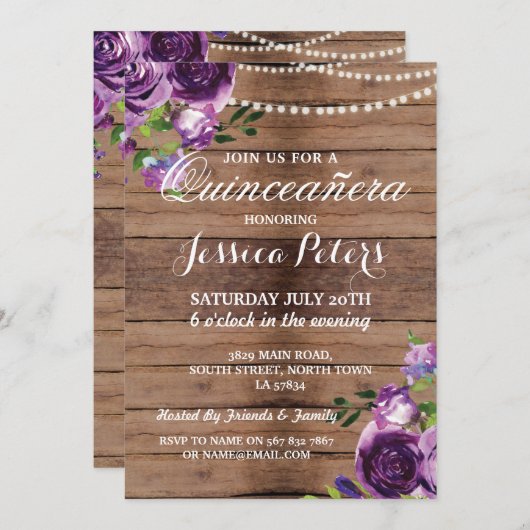 Quinceanera Party Lila Holzschnitzel Blume Einladu Einladung (Vorne/Hinten)