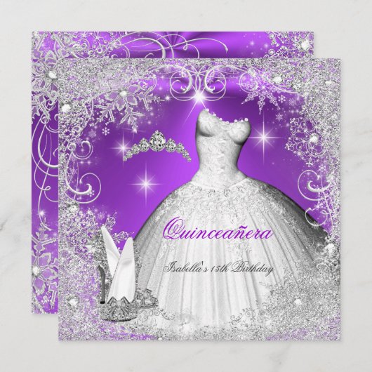 Quinceanera Party Lila Silver Winter Schneeflocken Einladung (Vorne/Hinten)
