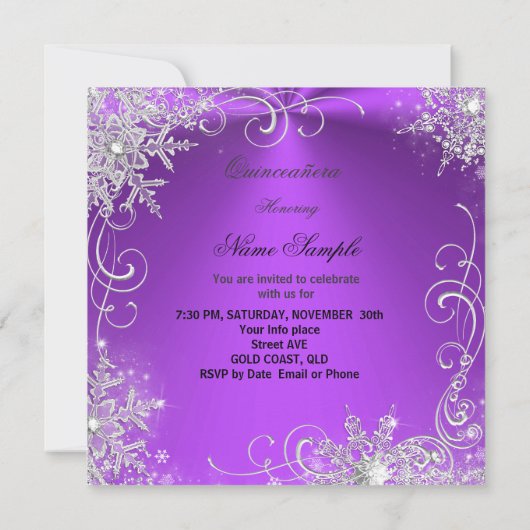 Quinceanera Party Lila Silver Winter Schneeflocken Einladung (Rückseite)