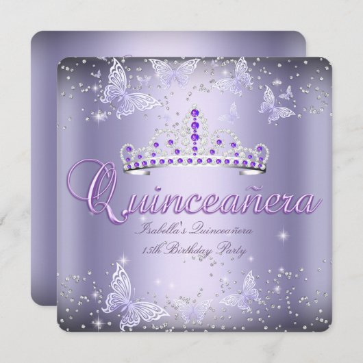 Quinceanera Party Lila Tiara Butterfly 2 Einladung (Vorne/Hinten)