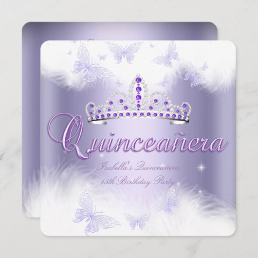Quinceanera Party Lila Tiara Butterfly Einladung (Vorne/Hinten)