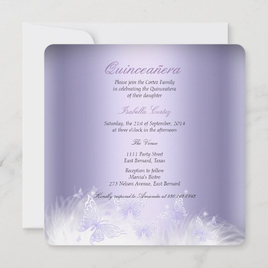 Quinceanera Party Lila Tiara Butterfly Einladung (Rückseite)