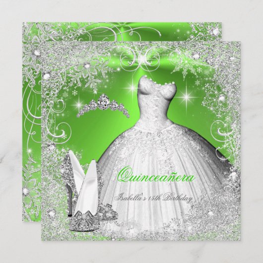 Quinceanera Party Lime Green Silver Schneeflocken Einladung (Vorne/Hinten)