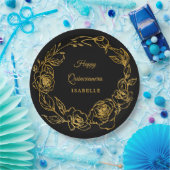 Quinceanera Party Luxe Gold Rose Floral Black Pappteller (Party)
