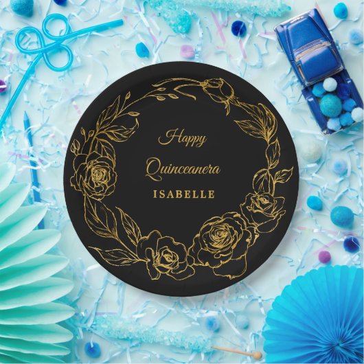 Quinceanera Party Luxe Gold Rose Floral Black Pappteller (Party)