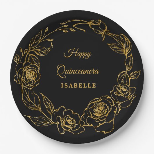 Quinceanera Party Luxe Gold Rose Floral Black Pappteller (Vorderseite)