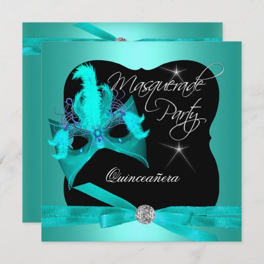 Quinceanera Party Masquerade Aquamarin Schwarz Einladung (Vorne/Hinten)