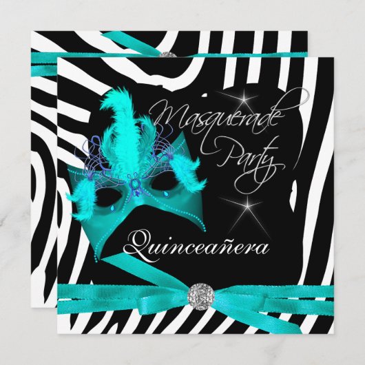 Quinceanera Party Masquerade Aquamarin Zebra Einladung (Vorne/Hinten)