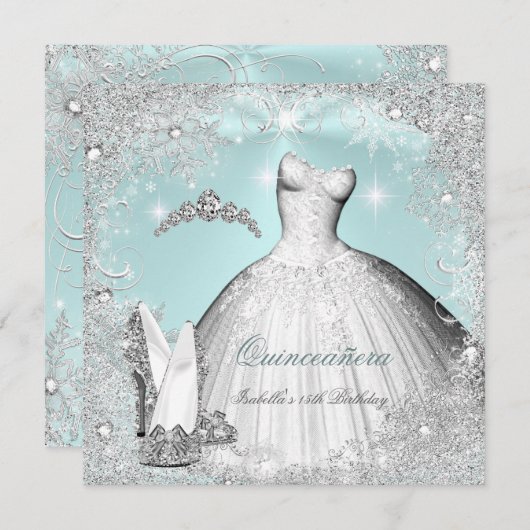 Quinceanera Party Minze Blue Silver Schneeflocken Einladung (Vorne/Hinten)