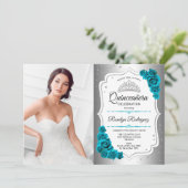 Quinceanera Party mit Foto - Aquamarin weiß silber Einladung (Stehend Vorderseite)