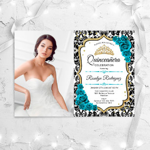 Quinceanera Party mit Foto - Aquamarines Gold Schw Einladung