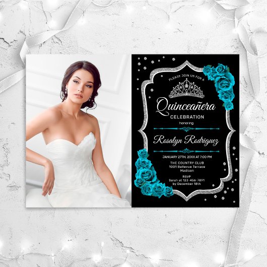 Quinceanera Party mit Foto - Aquamarines Schwarzes Einladung