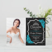 Quinceanera Party mit Foto - Aquamarines Schwarzes Einladung (Stehend Vorderseite)