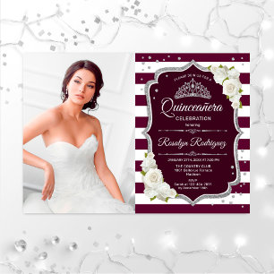 Quinceanera Party mit Foto - Burgund Silver Einladung