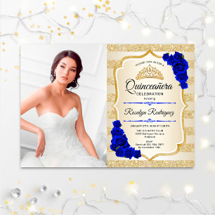 Quinceanera Party mit Foto - Gold Royal Blue Einladung