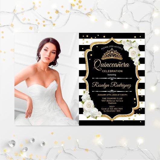 Quinceanera Party mit Foto - Gold Schwarz-weiß Einladung