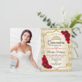 Quinceanera Party mit Foto - Goldstreifen Einladung (Stehend Vorderseite)