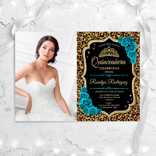 Quinceanera Party mit Foto - Leopard Print Aquamar Einladung