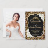 Quinceanera Party mit Foto - Leopard Print Gold Einladung (Vorderseite)