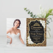 Quinceanera Party mit Foto - Leopard Print Gold Einladung (Stehend Vorderseite)