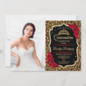 Quinceanera Party mit Foto - Leopard Print Red Einladung (Vorderseite)