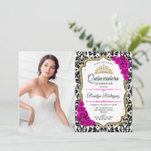 Quinceanera Party mit Foto - Rosa Schwarz Einladung (Stehend Vorderseite)