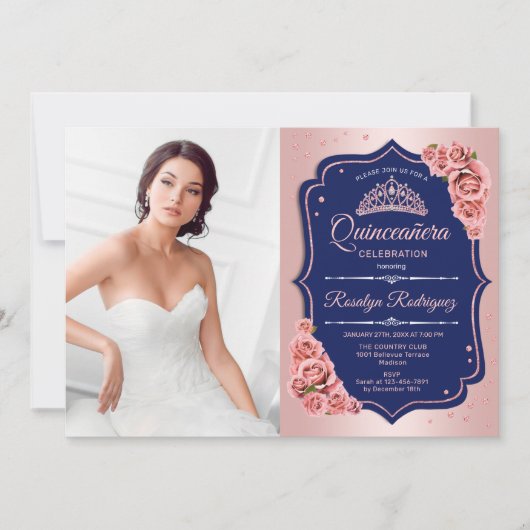 Quinceanera Party mit Foto - Rose Gold Navy Einladung (Vorderseite)