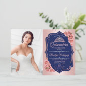 Quinceanera Party mit Foto - Rose Gold Navy Einladung (Stehend Vorderseite)