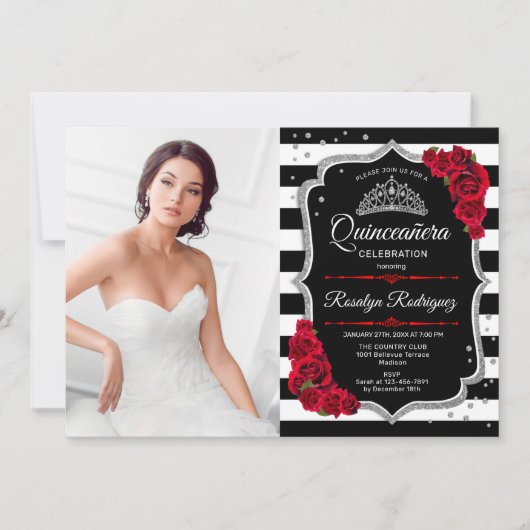 Quinceanera Party mit Foto - Rot-Silber-Schwarz Einladung (Vorderseite)