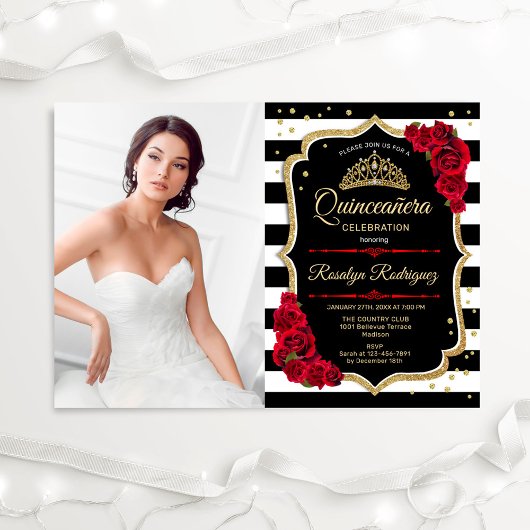 Quinceanera Party mit Foto - Rotes Gold Schwarz Einladung