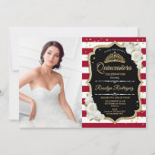 Quinceanera Party mit Foto - Rotes Schwarzes Gold Einladung (Vorderseite)
