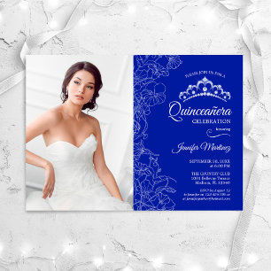 Quinceanera Party mit Foto - Royal Blue Floral Einladung