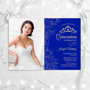 Quinceanera Party mit Foto - Royal Blue Gold Einladung