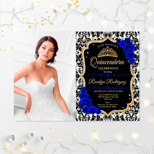 Quinceanera Party mit Foto - Royal Blue Gold Einladung