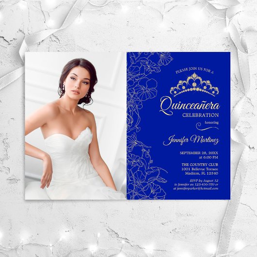 Quinceanera Party mit Foto - Royal Blue Gold Einladung