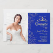 Quinceanera Party mit Foto - Royal Blue Gold Einladung (Vorderseite)