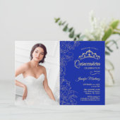 Quinceanera Party mit Foto - Royal Blue Gold Einladung (Stehend Vorderseite)